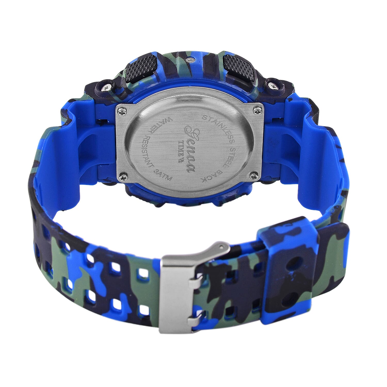 GENOA TIME V2 Double Electronic Movement 3ATM Water Resistant Camouflage Blue Multifunctional LED Dial Watch with TPU Strap