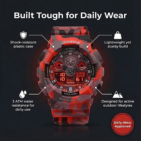 GENOA TIME V2 Double Electronic Movement 3ATM Water Resistant Camouflage Red Multifunctional LED Dial Watch with TPU Strap