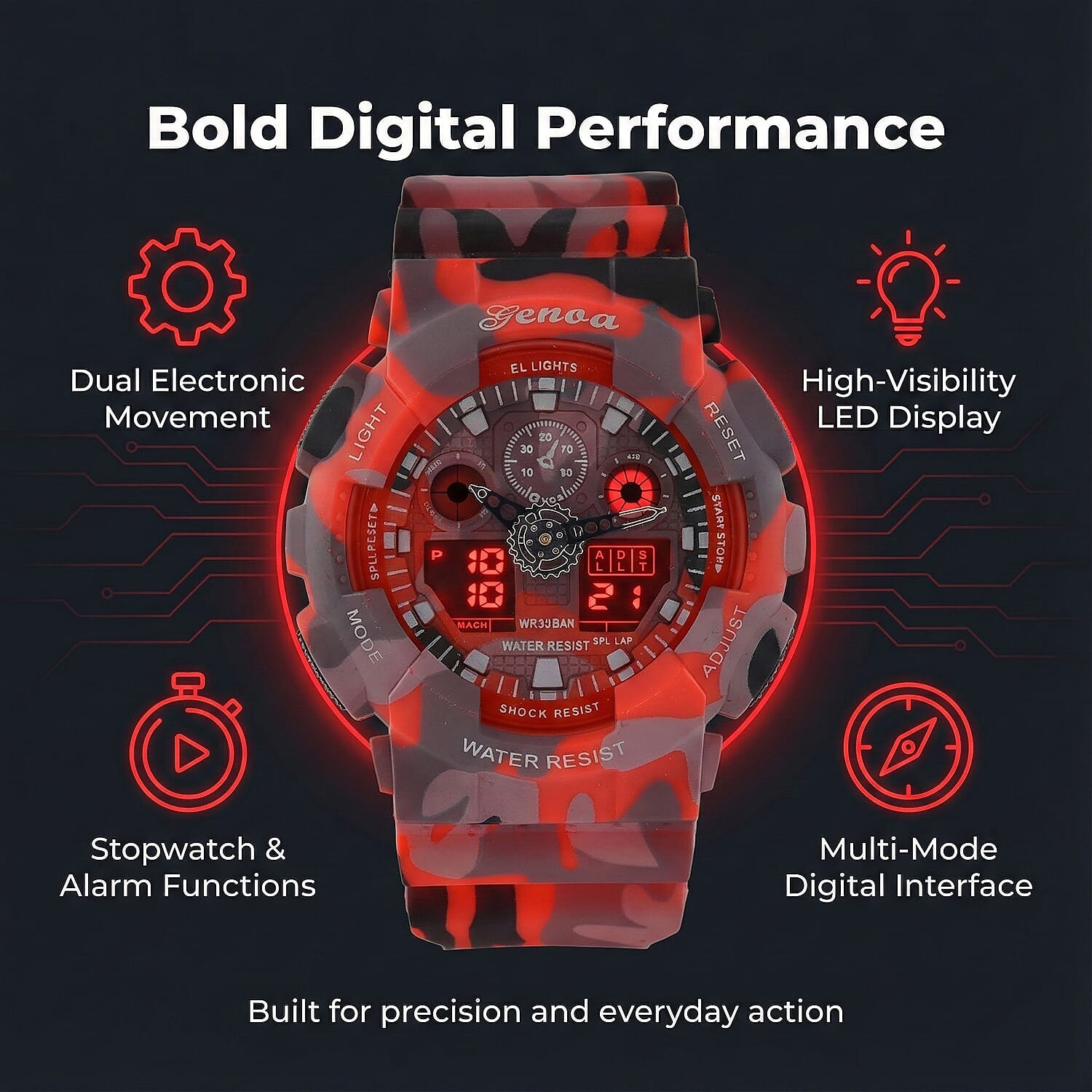 GENOA TIME V2 Double Electronic Movement 3ATM Water Resistant Camouflage Red Multifunctional LED Dial Watch with TPU Strap