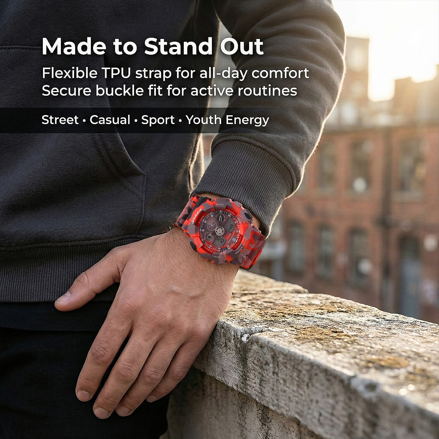 GENOA TIME V2 Double Electronic Movement 3ATM Water Resistant Camouflage Red Multifunctional LED Dial Watch with TPU Strap