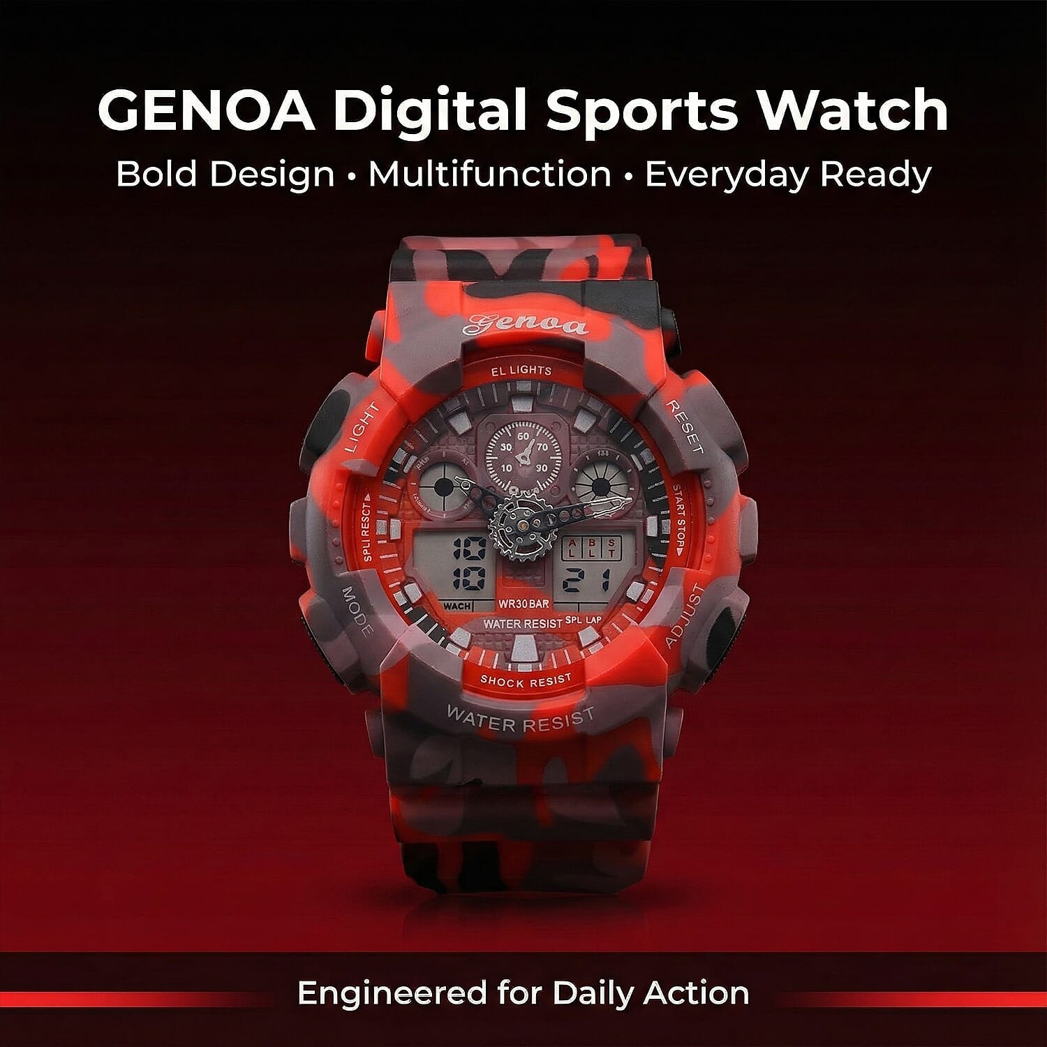 GENOA TIME V2 Double Electronic Movement 3ATM Water Resistant Camouflage Red Multifunctional LED Dial Watch with TPU Strap