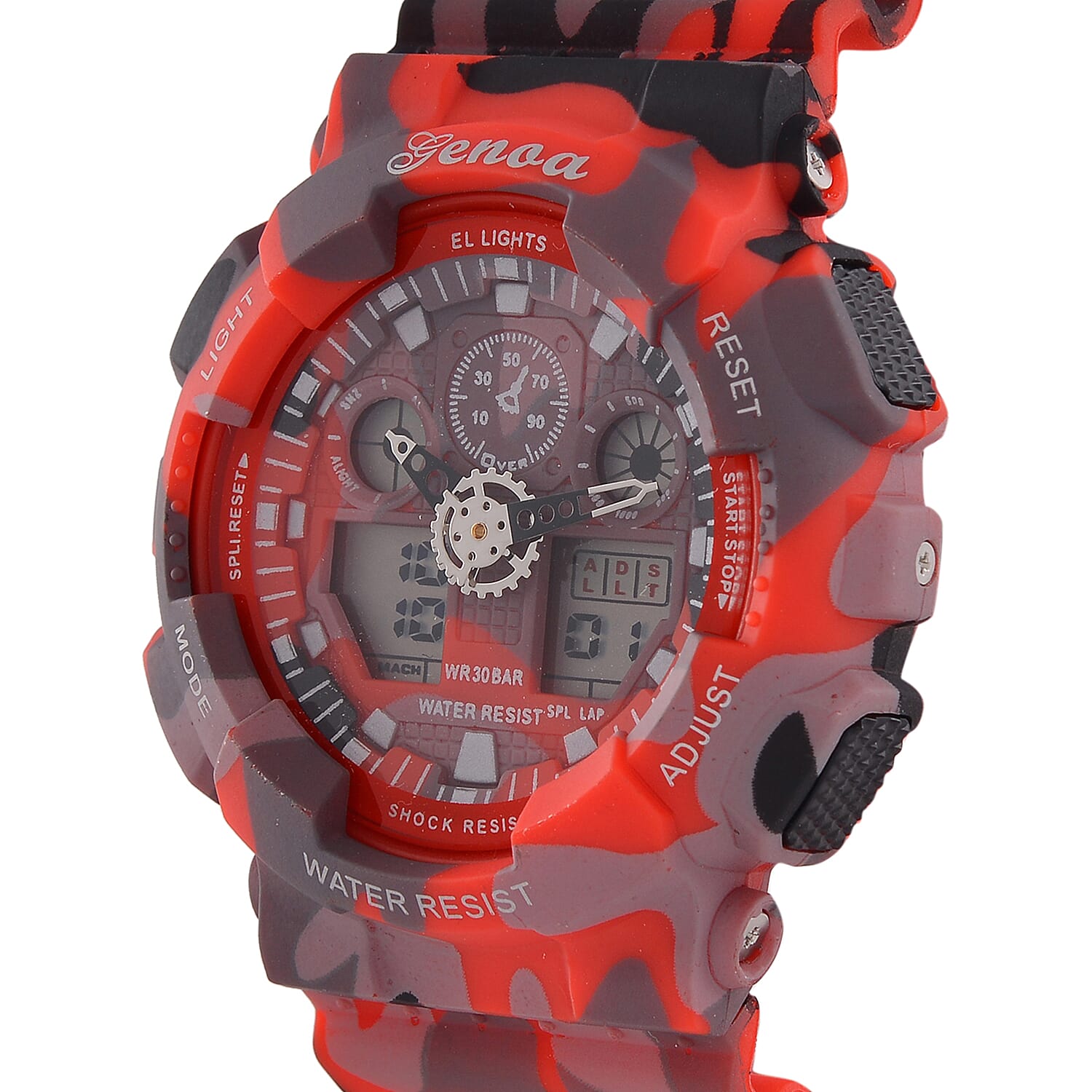 GENOA TIME V2 Double Electronic Movement 3ATM Water Resistant Camouflage Red Multifunctional LED Dial Watch with TPU Strap