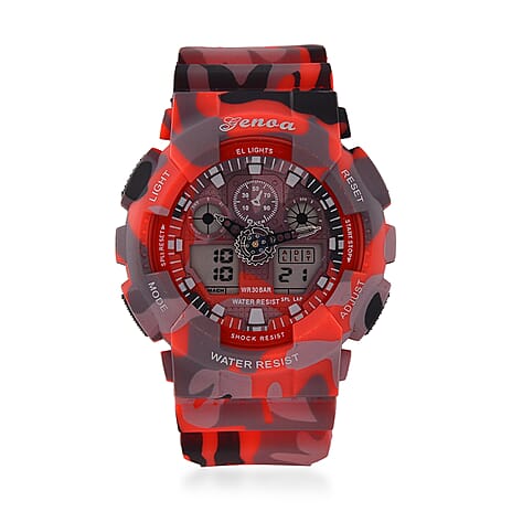 GENOA TIME V2 Double Electronic Movement 3ATM Water Resistant Camouflage Red Multifunctional LED Dial Watch with TPU Strap
