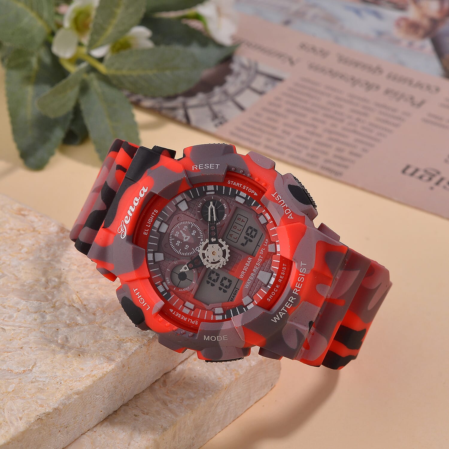 GENOA TIME V2 Double Electronic Movement 3ATM Water Resistant Camouflage Red Multifunctional LED Dial Watch with TPU Strap