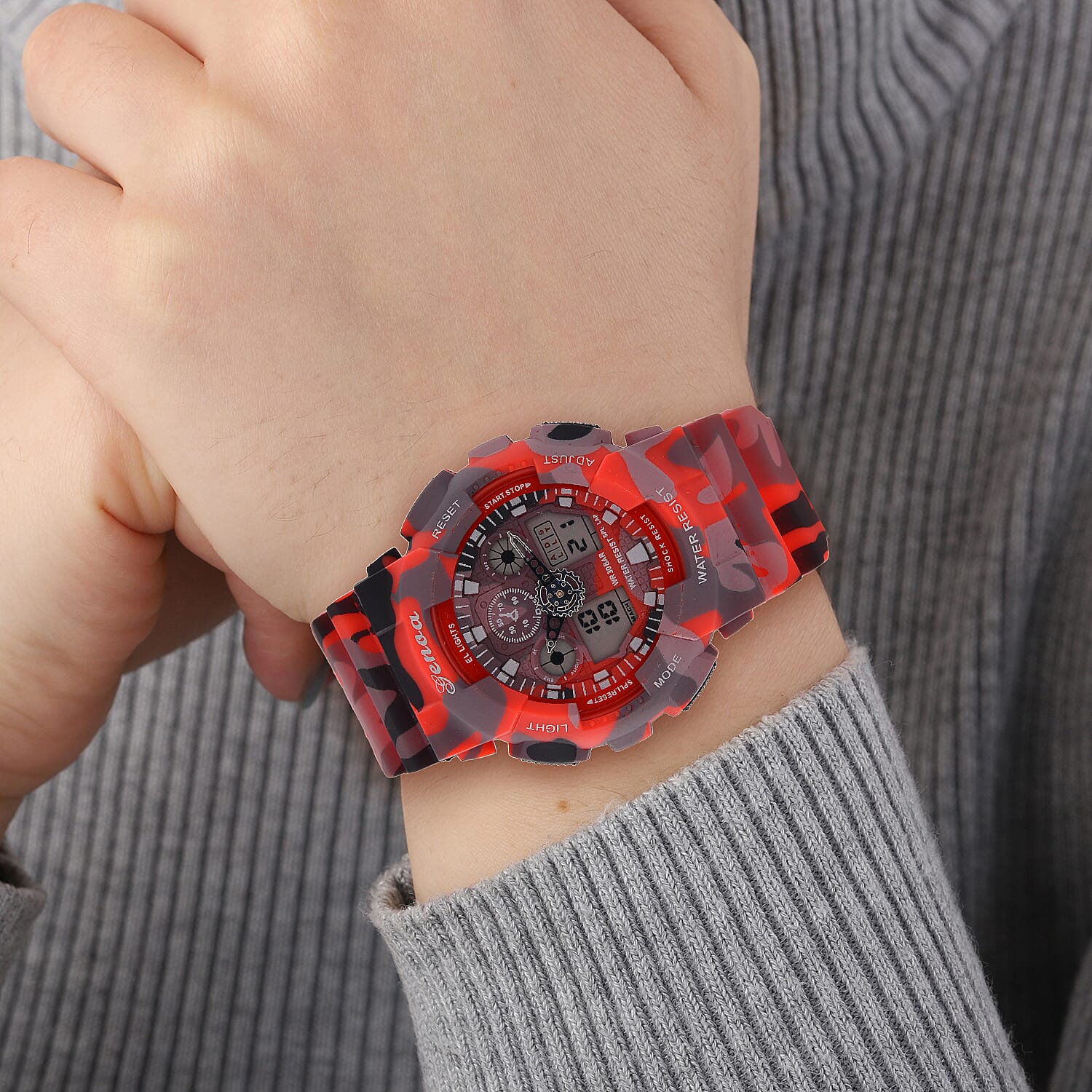 GENOA TIME V2 Double Electronic Movement 3ATM Water Resistant Camouflage Red Multifunctional LED Dial Watch with TPU Strap