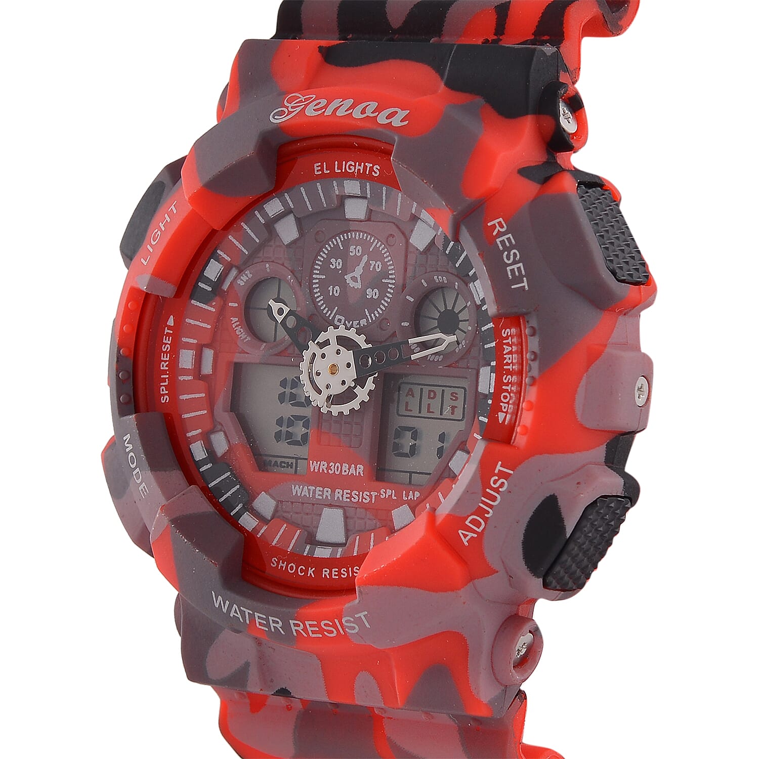 GENOA TIME V2 Double Electronic Movement 3ATM Water Resistant Camouflage Red Multifunctional LED Dial Watch with TPU Strap