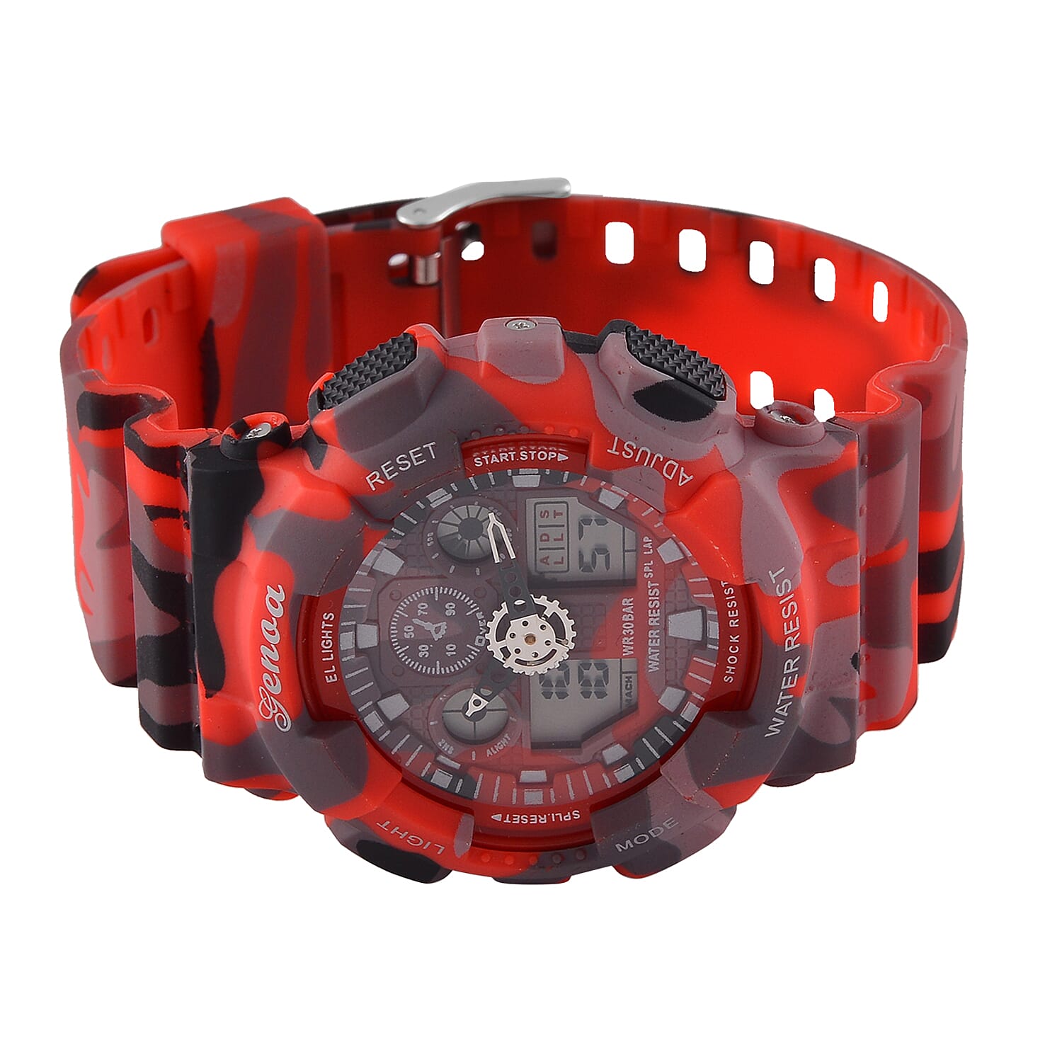 GENOA TIME V2 Double Electronic Movement 3ATM Water Resistant Camouflage Red Multifunctional LED Dial Watch with TPU Strap