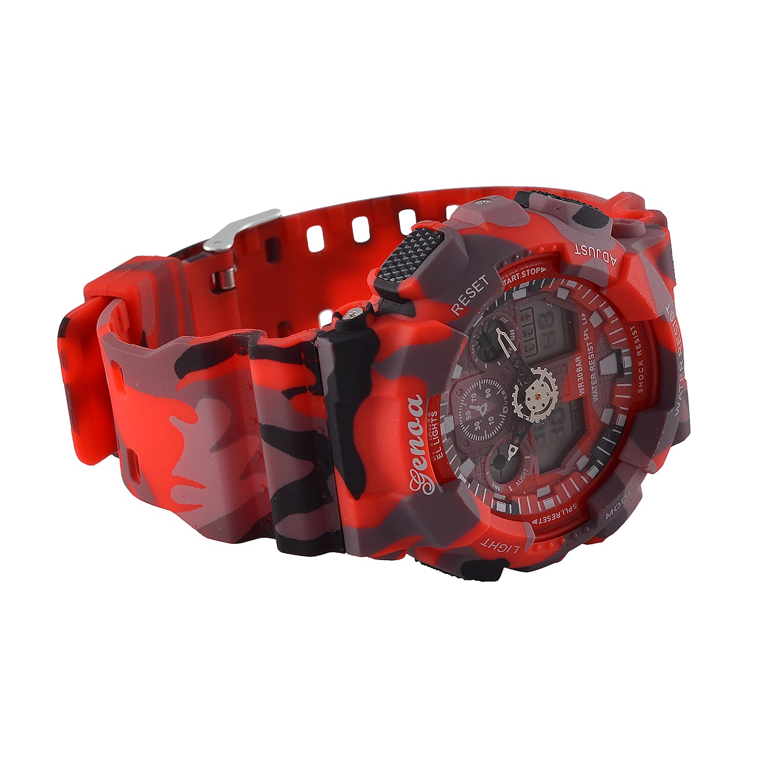 GENOA TIME V2 Double Electronic Movement 3ATM Water Resistant Camouflage Red Multifunctional LED Dial Watch with TPU Strap
