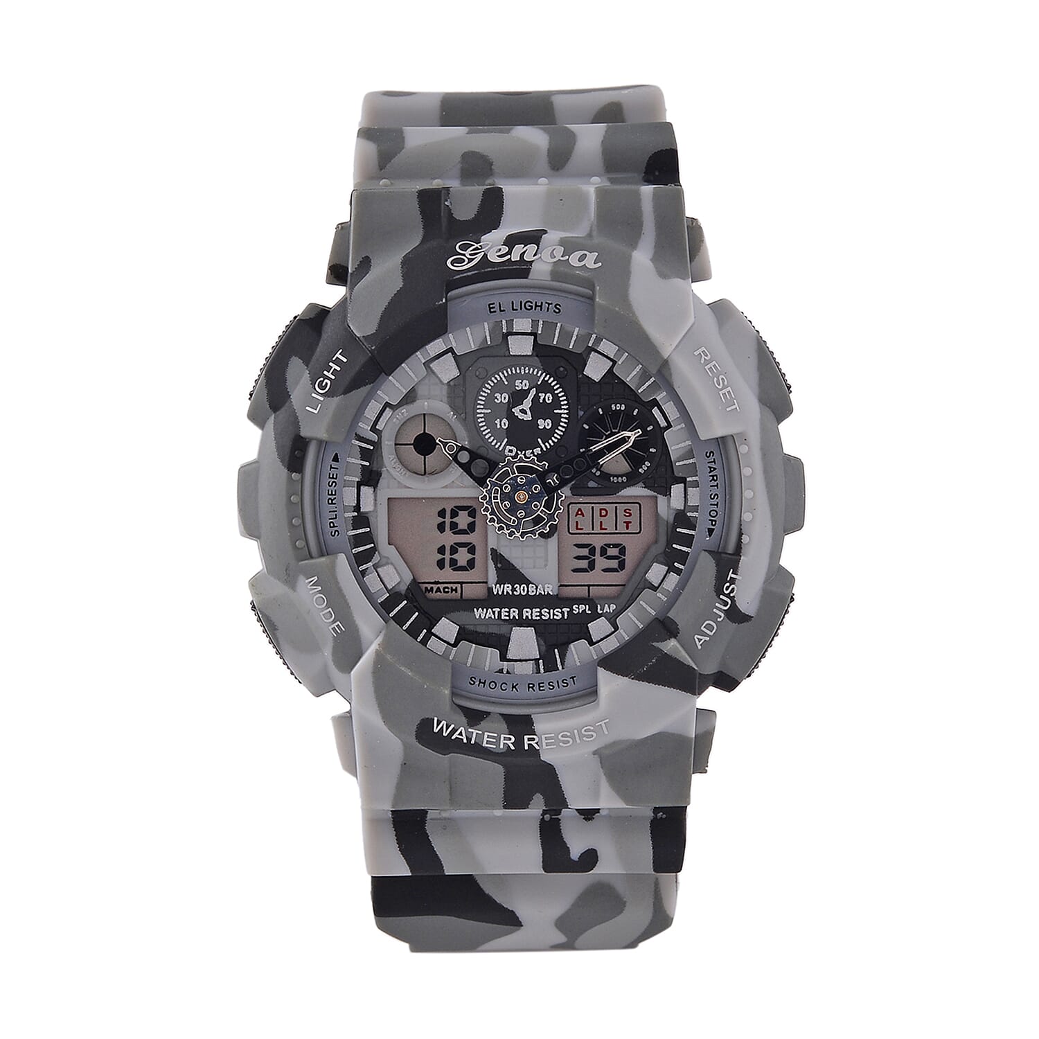GENOA TIME V2 Double Electronic Movement 3ATM Water Resistant Camouflage Grey Multifunctional LED Dial Watch with TPU Strap