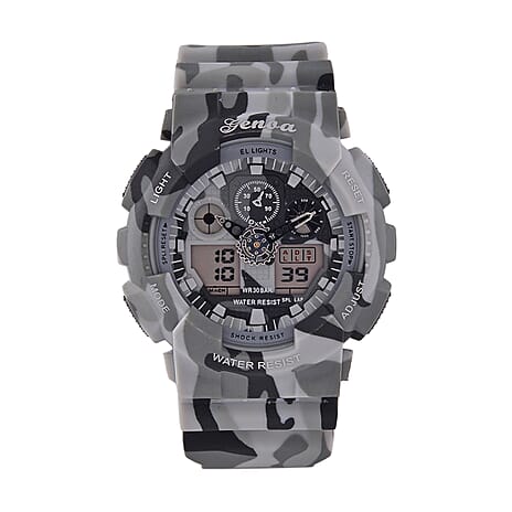 GENOA TIME V2 Double Electronic Movement 3ATM Water Resistant Camouflage Grey Multifunctional LED Dial Watch with TPU Strap