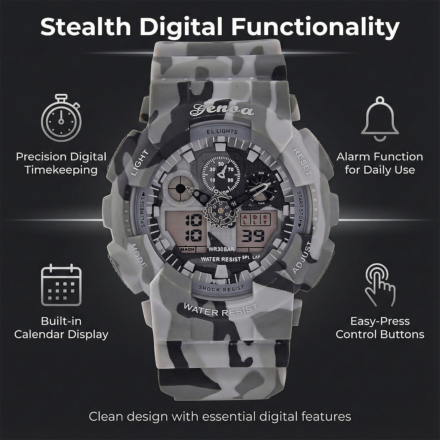 GENOA TIME V2 Double Electronic Movement 3ATM Water Resistant Camouflage Grey Multifunctional LED Dial Watch with TPU Strap