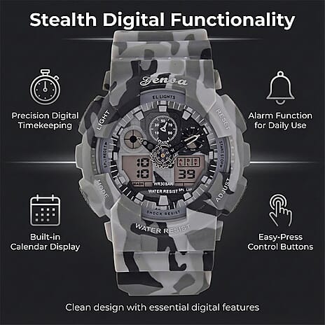 GENOA TIME V2 Double Electronic Movement 3ATM Water Resistant Camouflage Grey Multifunctional LED Dial Watch with TPU Strap
