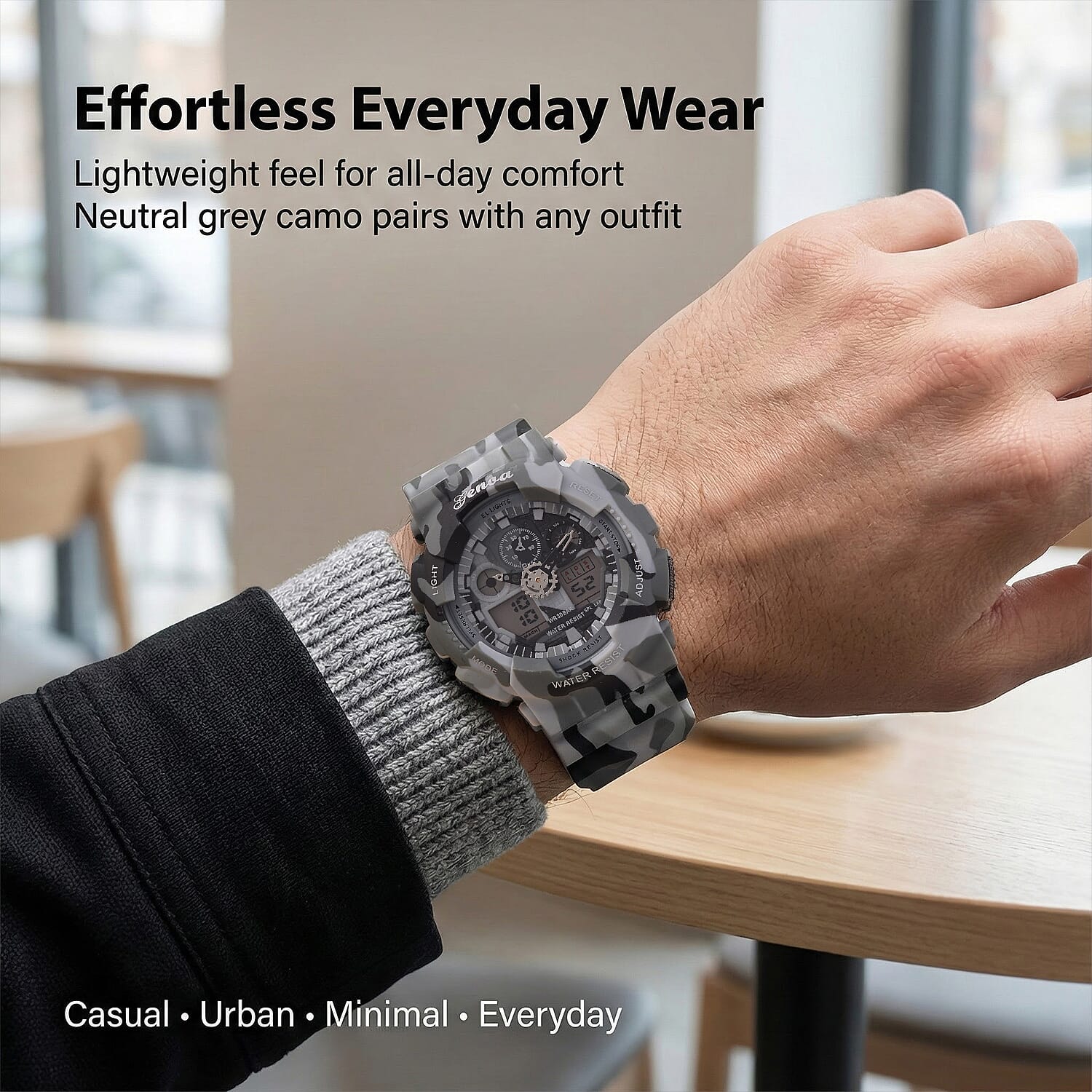 GENOA TIME V2 Double Electronic Movement 3ATM Water Resistant Camouflage Grey Multifunctional LED Dial Watch with TPU Strap