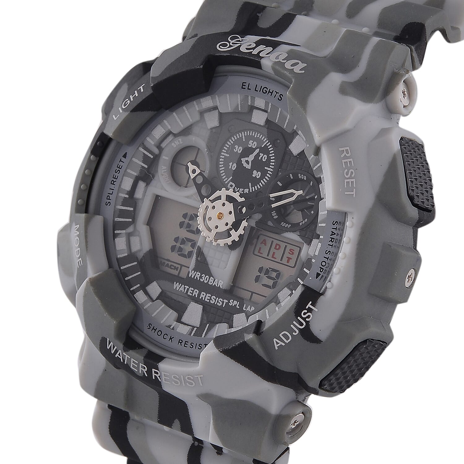 GENOA TIME V2 Double Electronic Movement 3ATM Water Resistant Camouflage Grey Multifunctional LED Dial Watch with TPU Strap