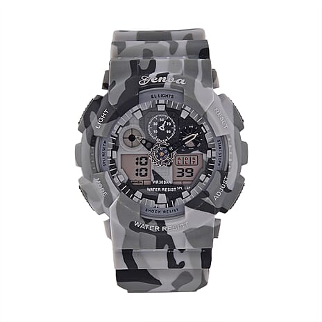 GENOA TIME V2 Double Electronic Movement 3ATM Water Resistant Camouflage Grey Multifunctional LED Dial Watch with TPU Strap