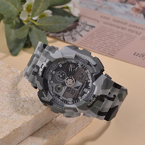 GENOA TIME V2 Double Electronic Movement 3ATM Water Resistant Camouflage Grey Multifunctional LED Dial Watch with TPU Strap