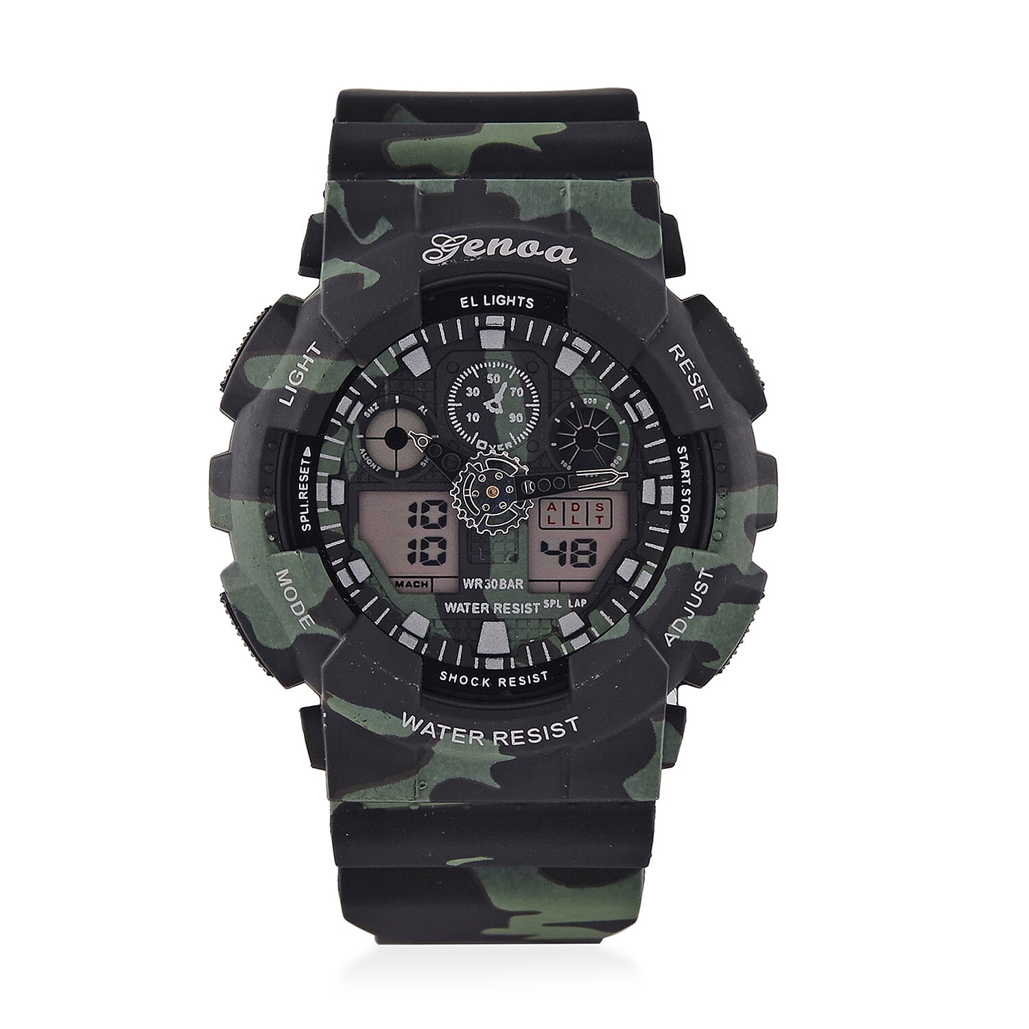 GENOA TIME V2 Double Electronic Movement 3ATM Water Resistant Camouflage Black Multifunctional LED Dial Watch with TPU Strap