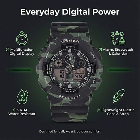 GENOA TIME V2 Double Electronic Movement 3ATM Water Resistant Camouflage Black Multifunctional LED Dial Watch with TPU Strap