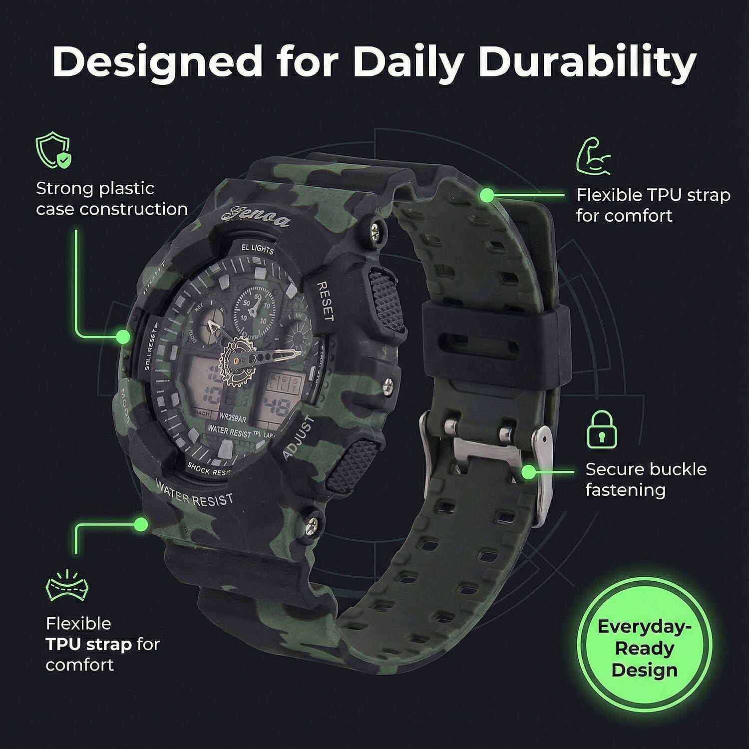 GENOA TIME V2 Double Electronic Movement 3ATM Water Resistant Camouflage Black Multifunctional LED Dial Watch with TPU Strap