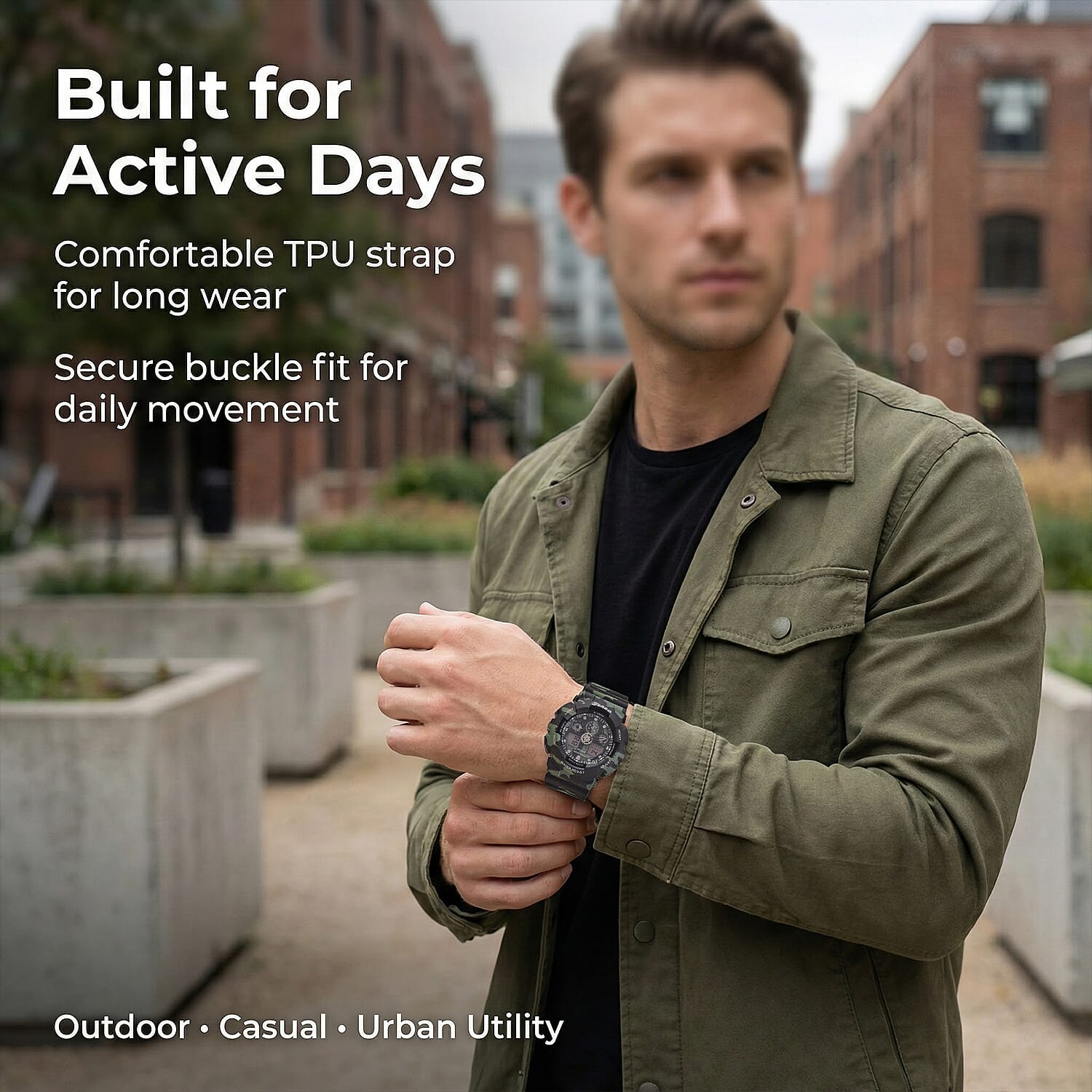 GENOA TIME V2 Double Electronic Movement 3ATM Water Resistant Camouflage Black Multifunctional LED Dial Watch with TPU Strap