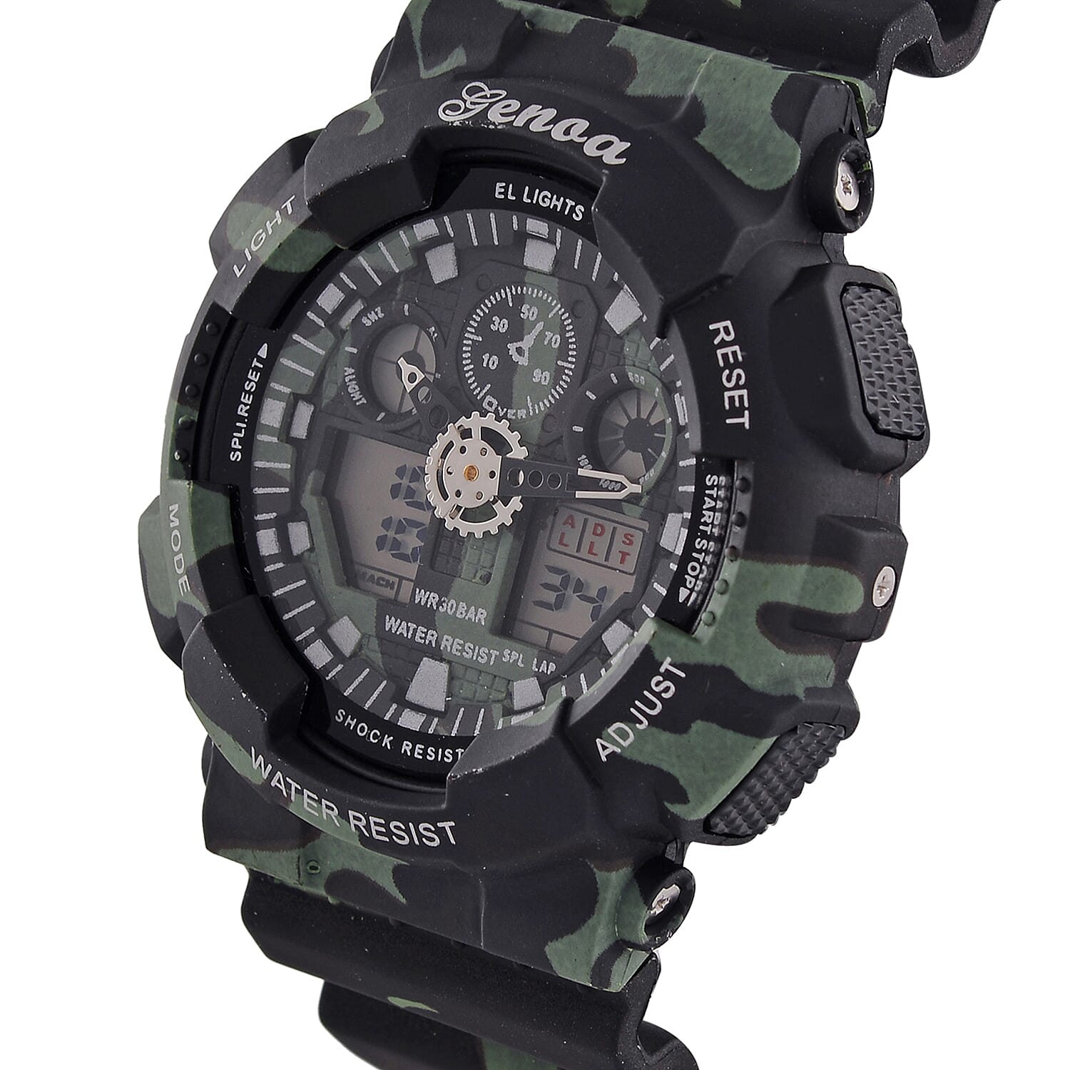 GENOA TIME V2 Double Electronic Movement 3ATM Water Resistant Camouflage Black Multifunctional LED Dial Watch with TPU Strap
