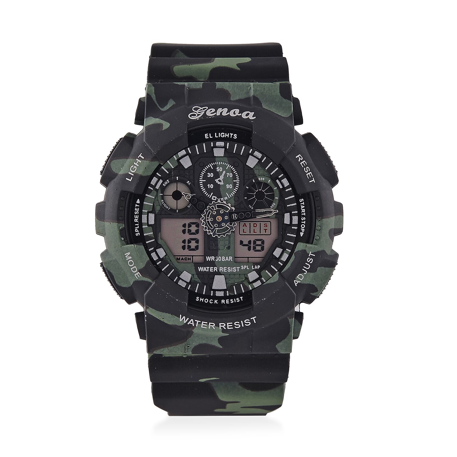 GENOA TIME V2 Double Electronic Movement 3ATM Water Resistant Camouflage Black Multifunctional LED Dial Watch with TPU Strap