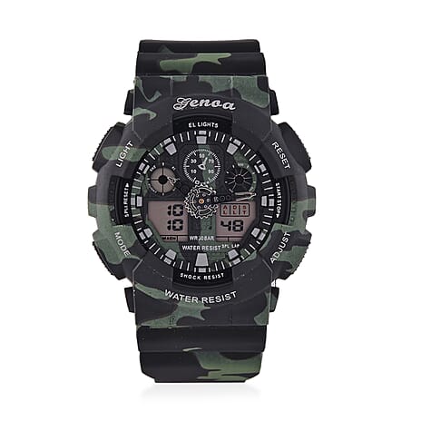 GENOA TIME V2 Double Electronic Movement 3ATM Water Resistant Camouflage Black Multifunctional LED Dial Watch with TPU Strap