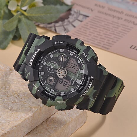 GENOA TIME V2 Double Electronic Movement 3ATM Water Resistant Camouflage Black Multifunctional LED Dial Watch with TPU Strap