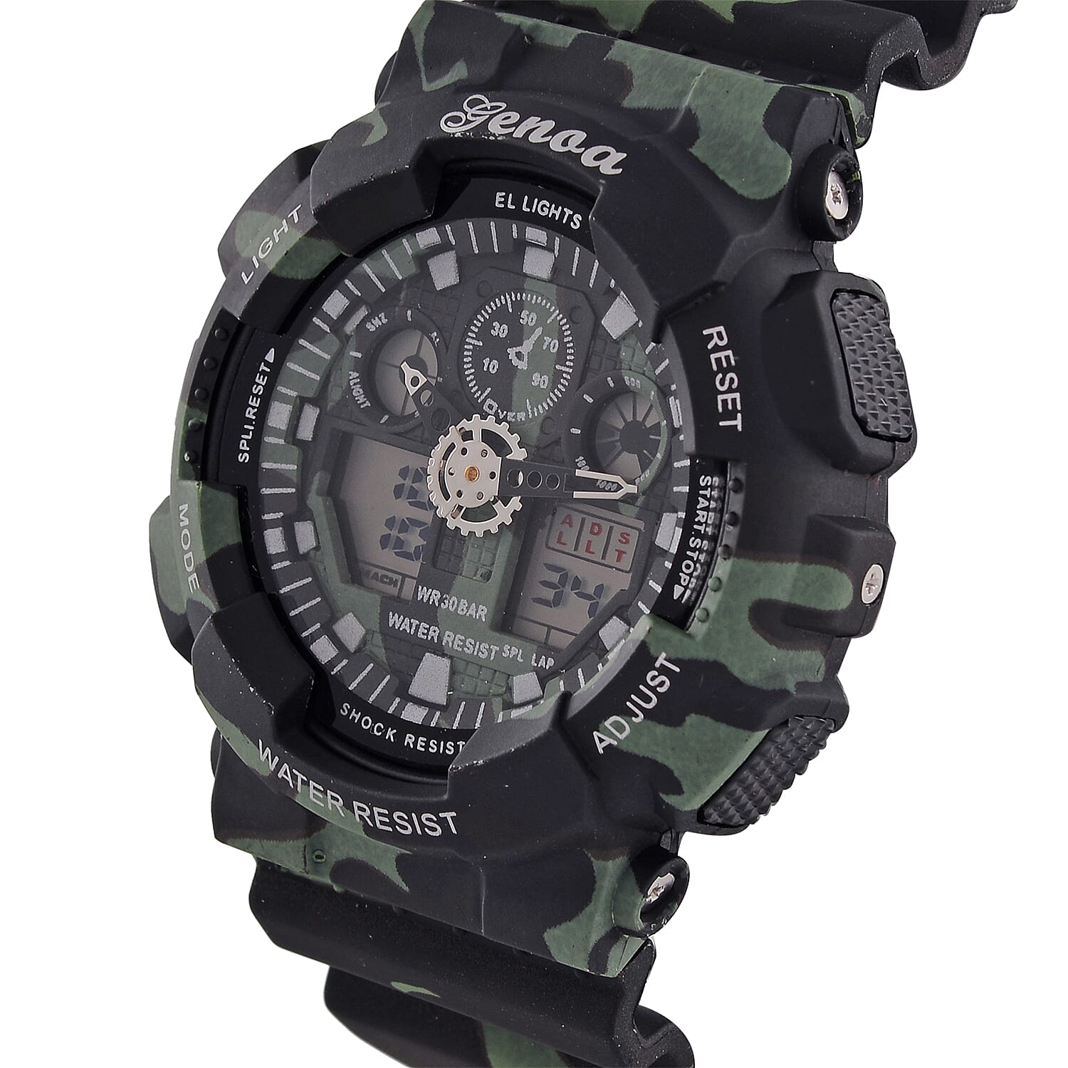 GENOA TIME V2 Double Electronic Movement 3ATM Water Resistant Camouflage Black Multifunctional LED Dial Watch with TPU Strap