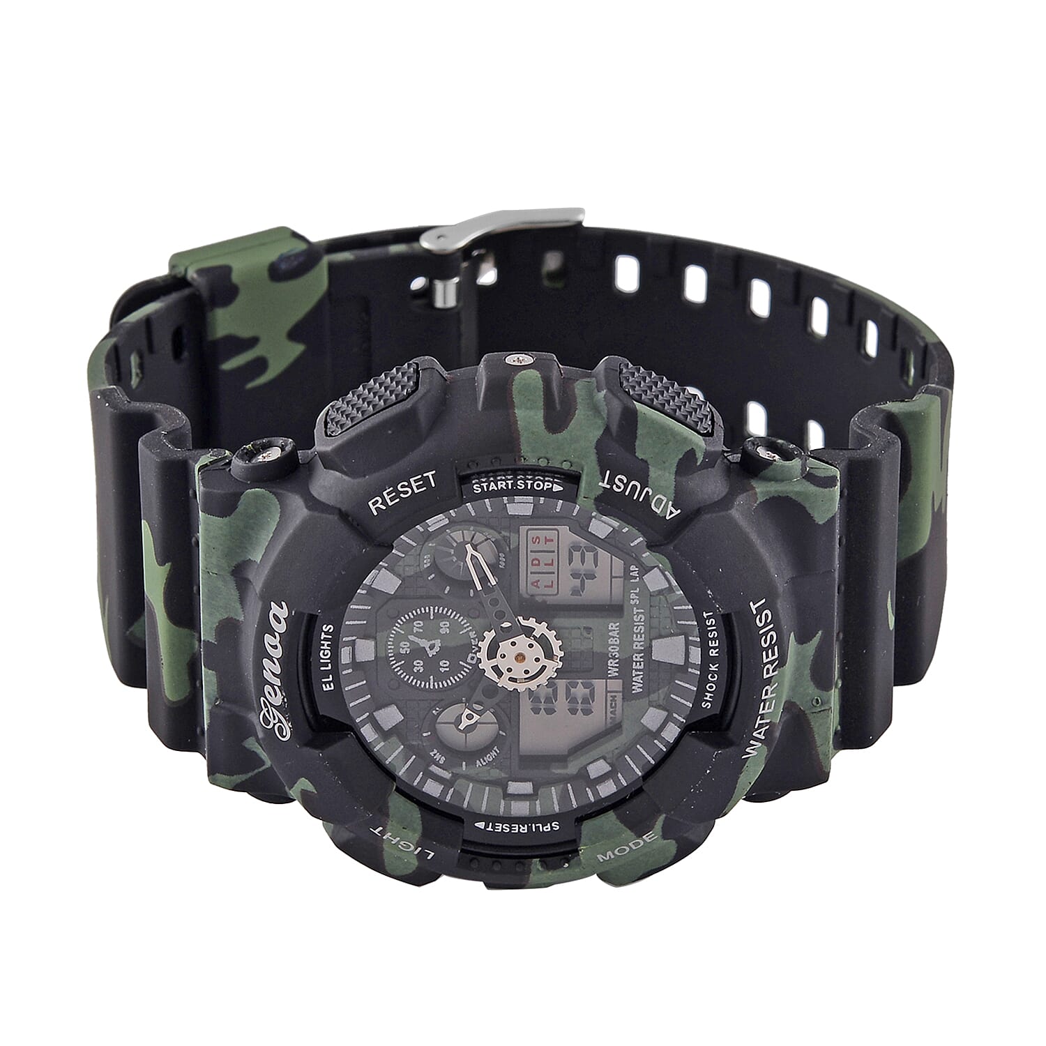 GENOA TIME V2 Double Electronic Movement 3ATM Water Resistant Camouflage Black Multifunctional LED Dial Watch with TPU Strap