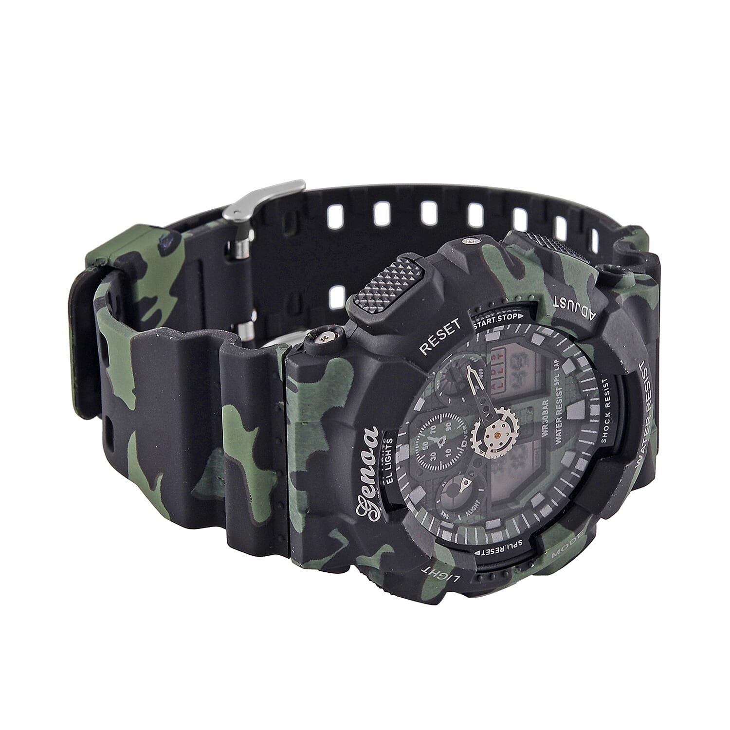 GENOA TIME V2 Double Electronic Movement 3ATM Water Resistant Camouflage Black Multifunctional LED Dial Watch with TPU Strap