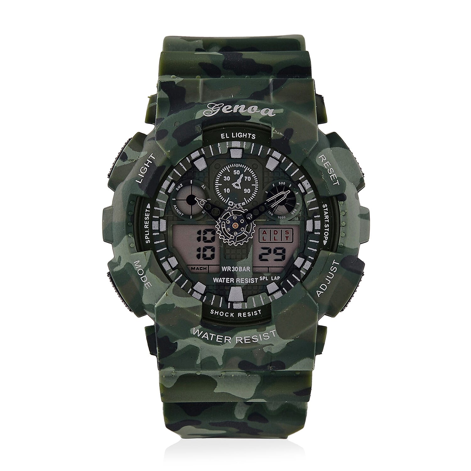 GENOA TIME V2 Double Electronic Movement 3ATM Water Resistant Camouflage Green Multifunctional LED Dial Watch with TPU Strap