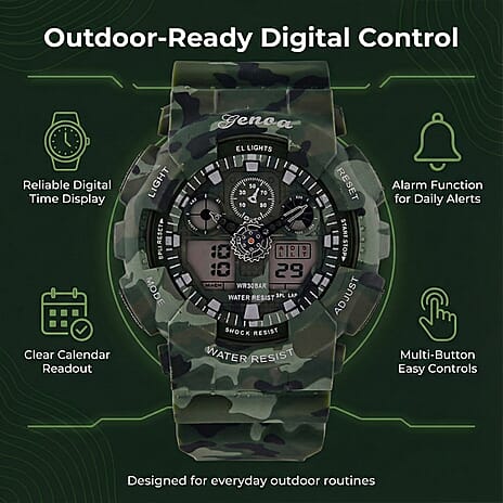 GENOA TIME V2 Double Electronic Movement 3ATM Water Resistant Camouflage Green Multifunctional LED Dial Watch with TPU Strap