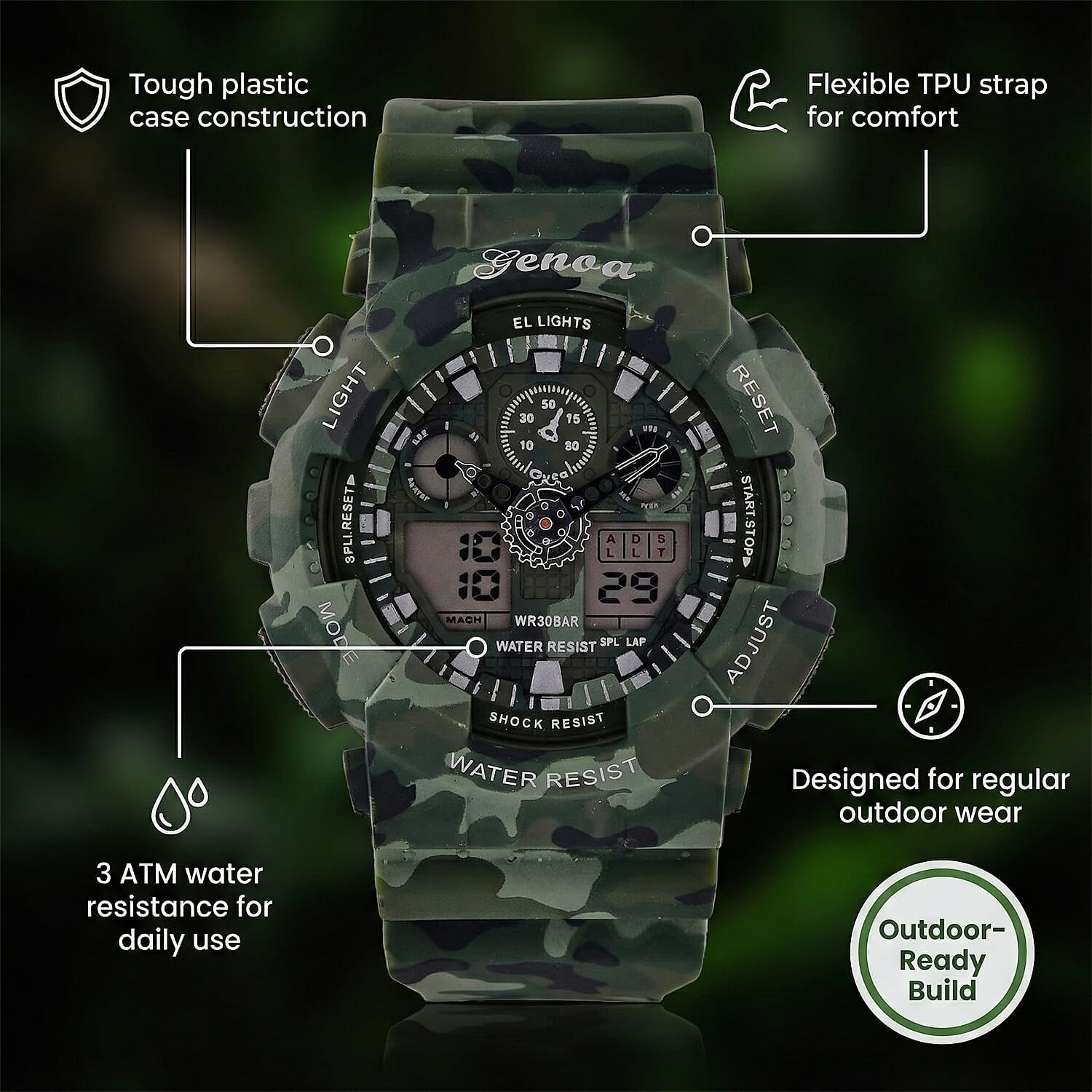 GENOA TIME V2 Double Electronic Movement 3ATM Water Resistant Camouflage Green Multifunctional LED Dial Watch with TPU Strap