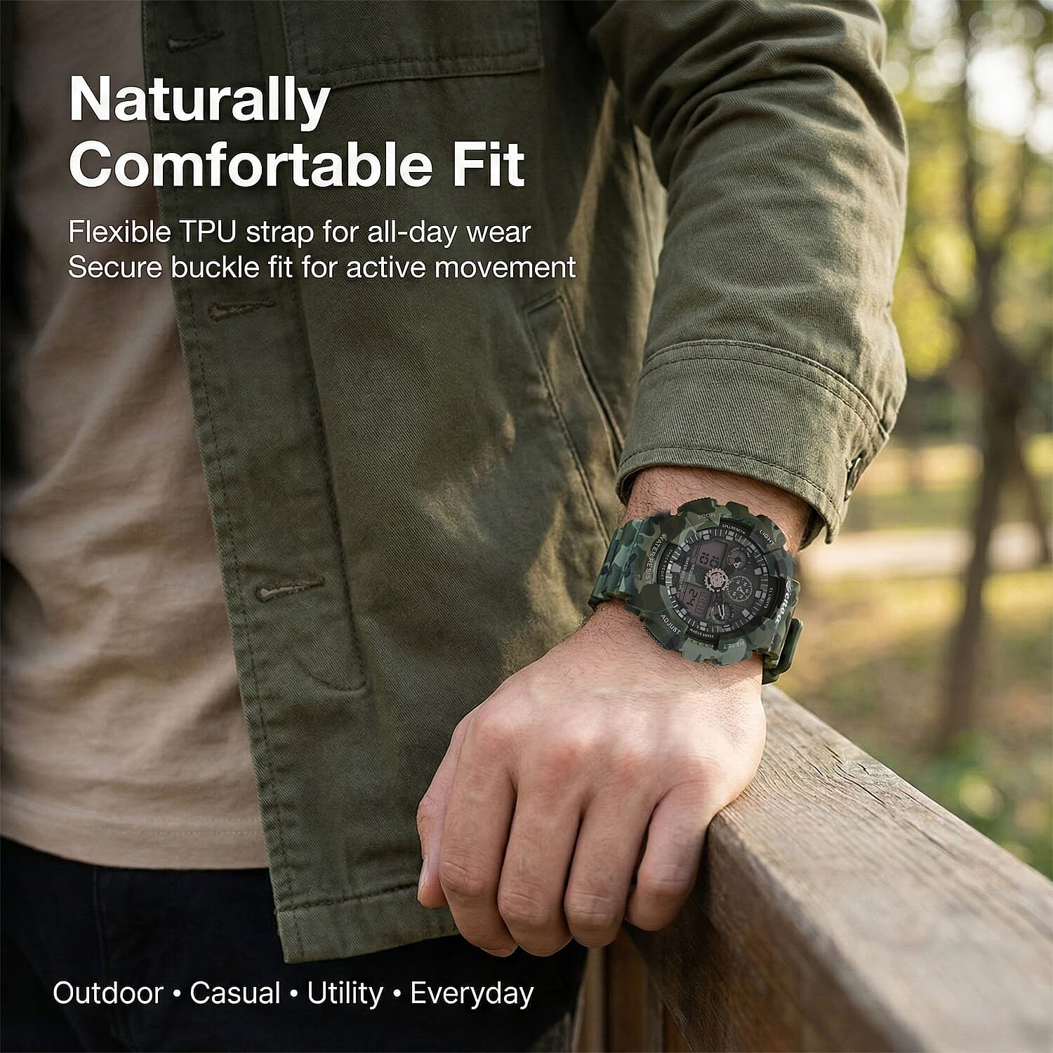 GENOA TIME V2 Double Electronic Movement 3ATM Water Resistant Camouflage Green Multifunctional LED Dial Watch with TPU Strap