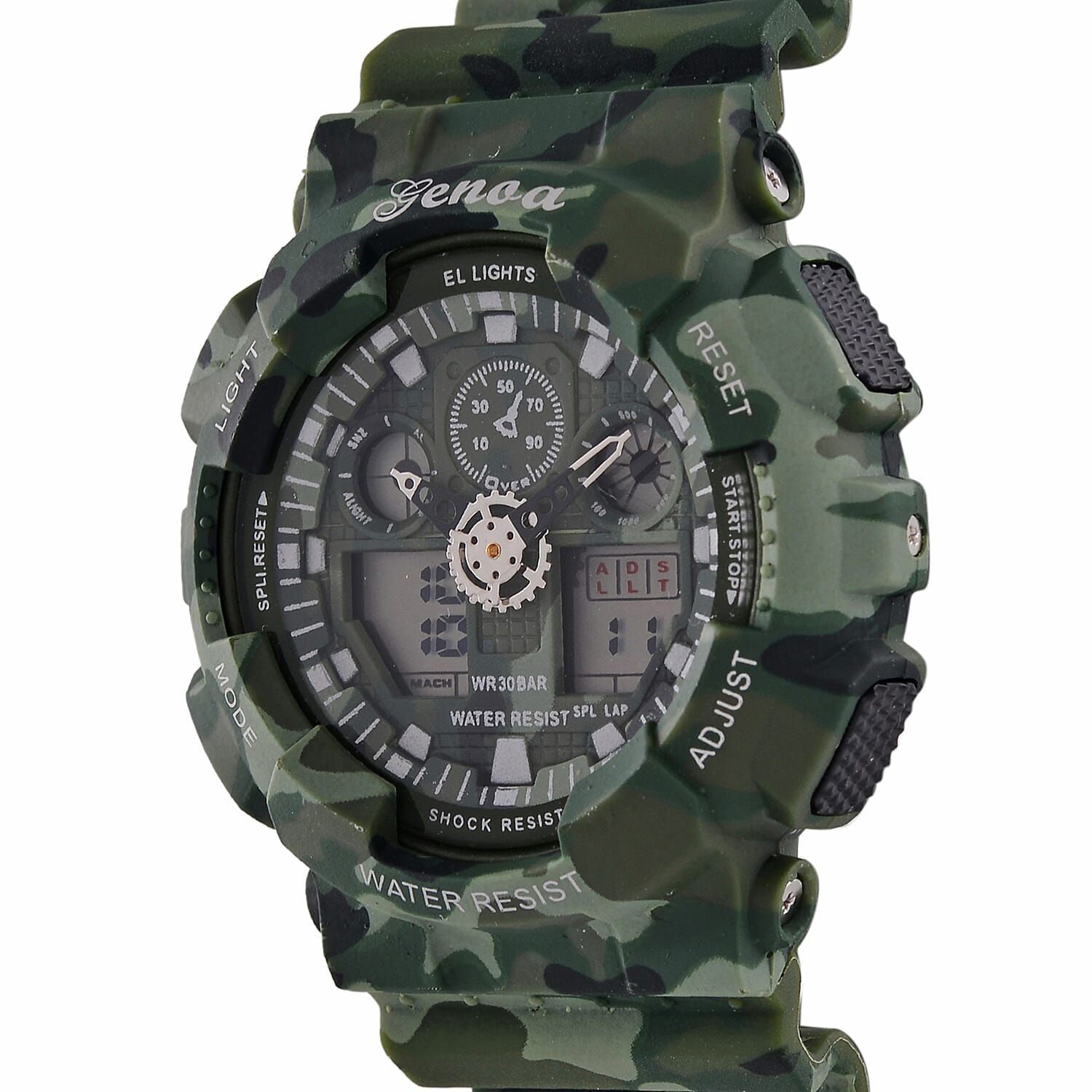 GENOA TIME V2 Double Electronic Movement 3ATM Water Resistant Camouflage Green Multifunctional LED Dial Watch with TPU Strap