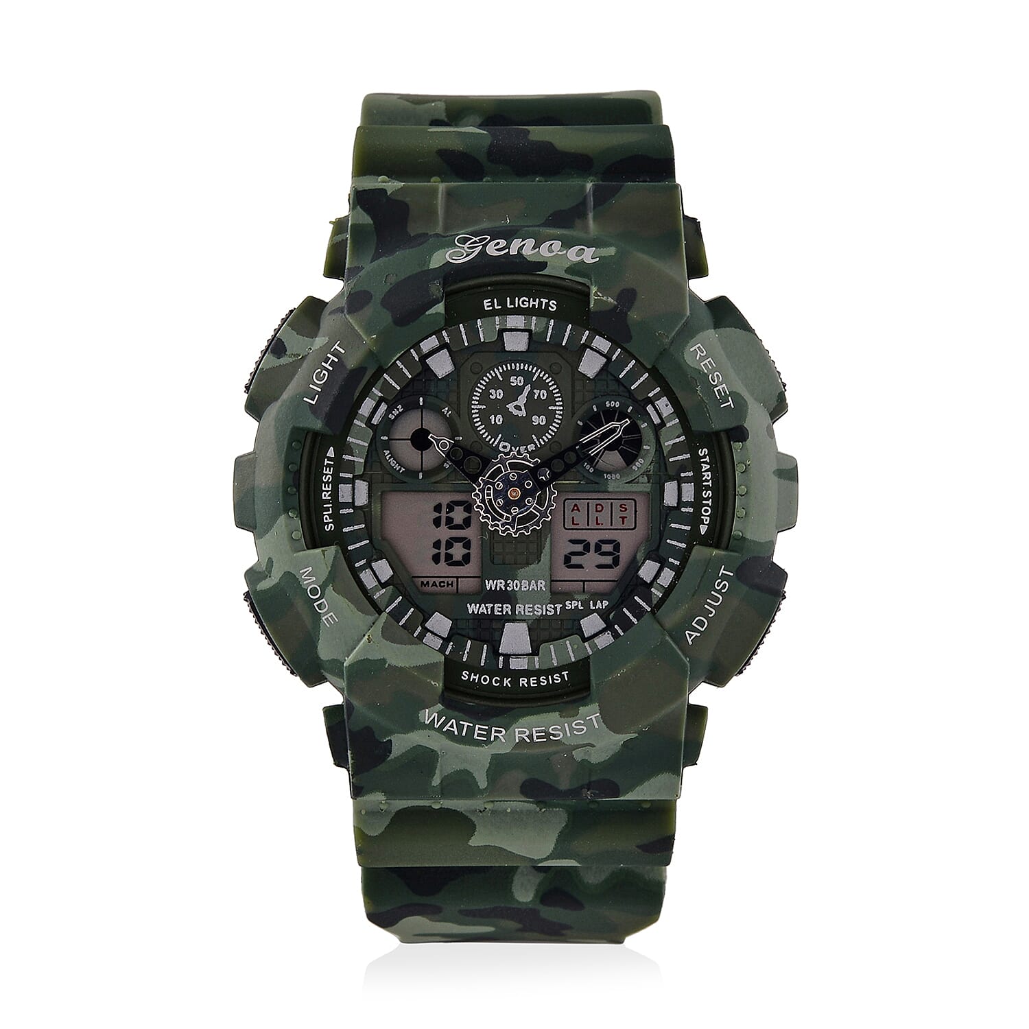 GENOA TIME V2 Double Electronic Movement 3ATM Water Resistant Camouflage Green Multifunctional LED Dial Watch with TPU Strap