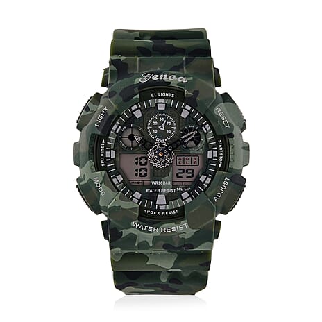 GENOA TIME V2 Double Electronic Movement 3ATM Water Resistant Camouflage Green Multifunctional LED Dial Watch with TPU Strap