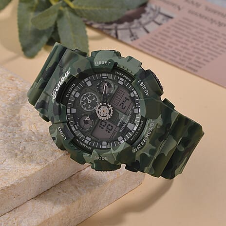 GENOA TIME V2 Double Electronic Movement 3ATM Water Resistant Camouflage Green Multifunctional LED Dial Watch with TPU Strap