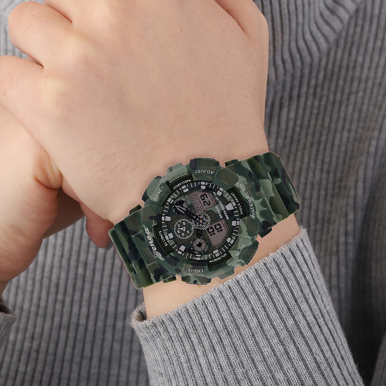 GENOA TIME V2 Double Electronic Movement 3ATM Water Resistant Camouflage Green Multifunctional LED Dial Watch with TPU Strap