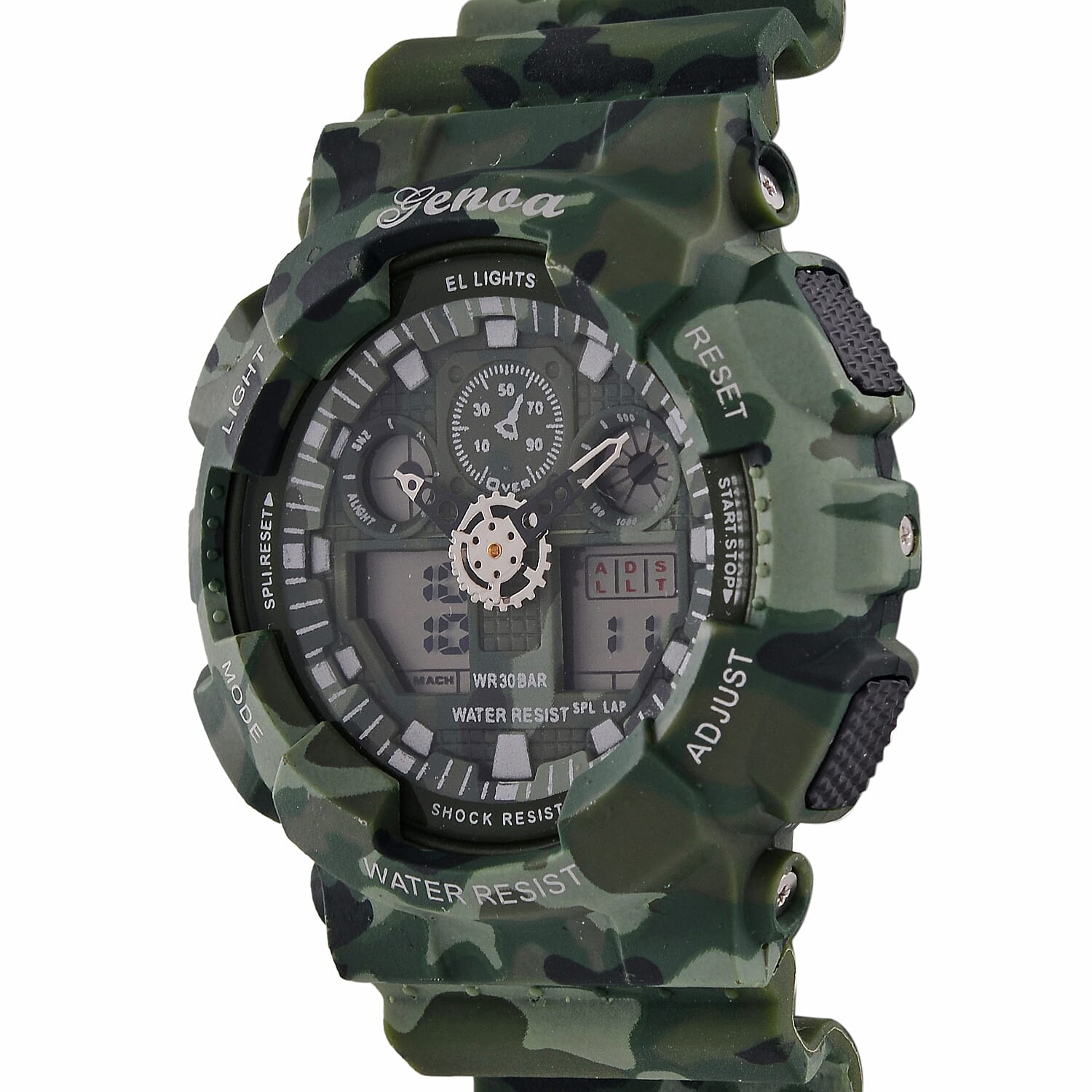 GENOA TIME V2 Double Electronic Movement 3ATM Water Resistant Camouflage Green Multifunctional LED Dial Watch with TPU Strap