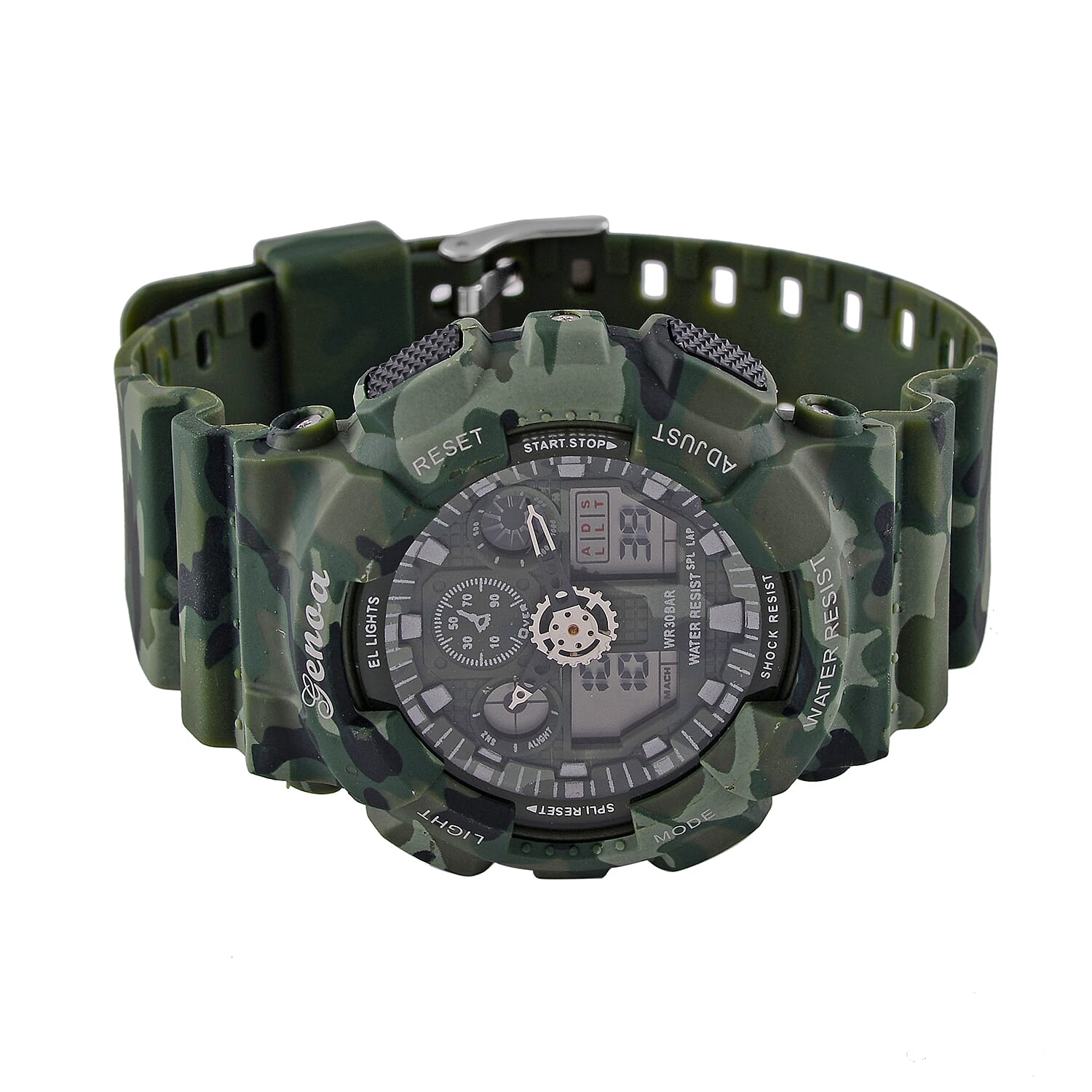 GENOA TIME V2 Double Electronic Movement 3ATM Water Resistant Camouflage Green Multifunctional LED Dial Watch with TPU Strap