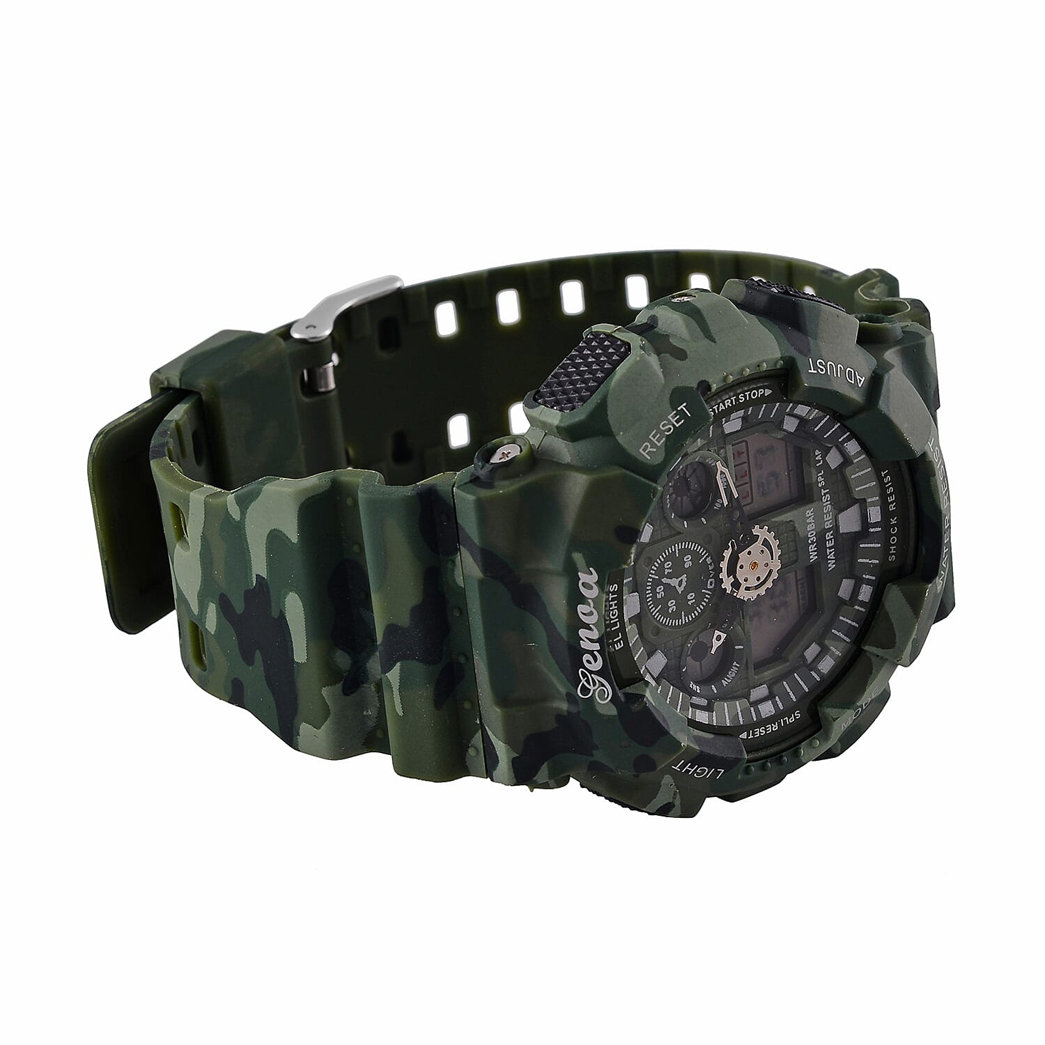 GENOA TIME V2 Double Electronic Movement 3ATM Water Resistant Camouflage Green Multifunctional LED Dial Watch with TPU Strap
