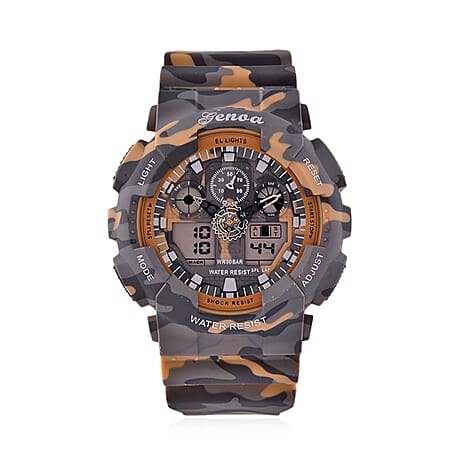GENOA TIME V2 Double Electronic Movement 3ATM Water Resistant Camouflage Khaki Multifunctional LED Dial Watch with TPU Strap
