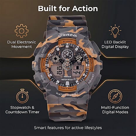 GENOA TIME V2 Double Electronic Movement 3ATM Water Resistant Camouflage Khaki Multifunctional LED Dial Watch with TPU Strap