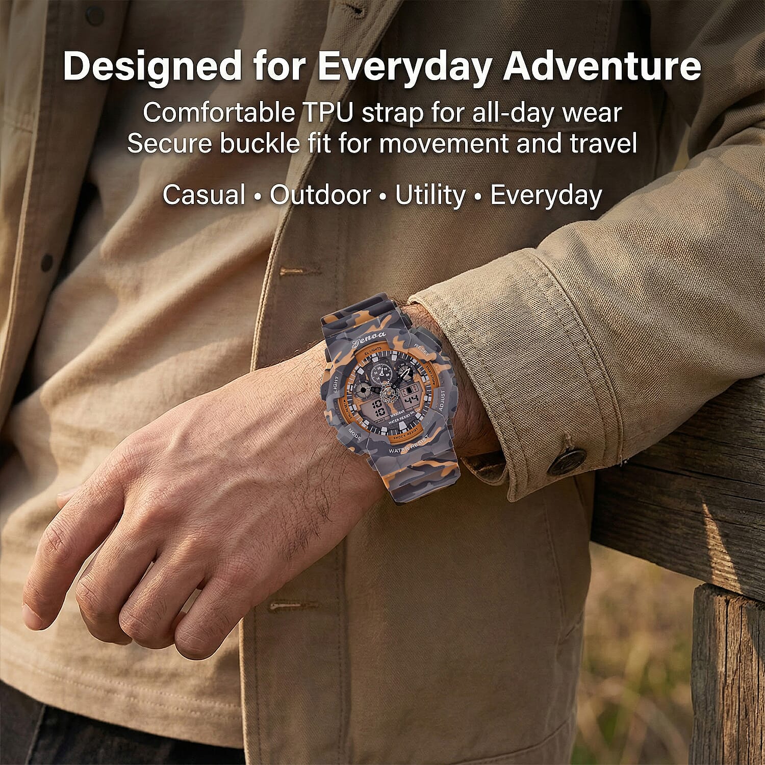 GENOA TIME V2 Double Electronic Movement 3ATM Water Resistant Camouflage Khaki Multifunctional LED Dial Watch with TPU Strap