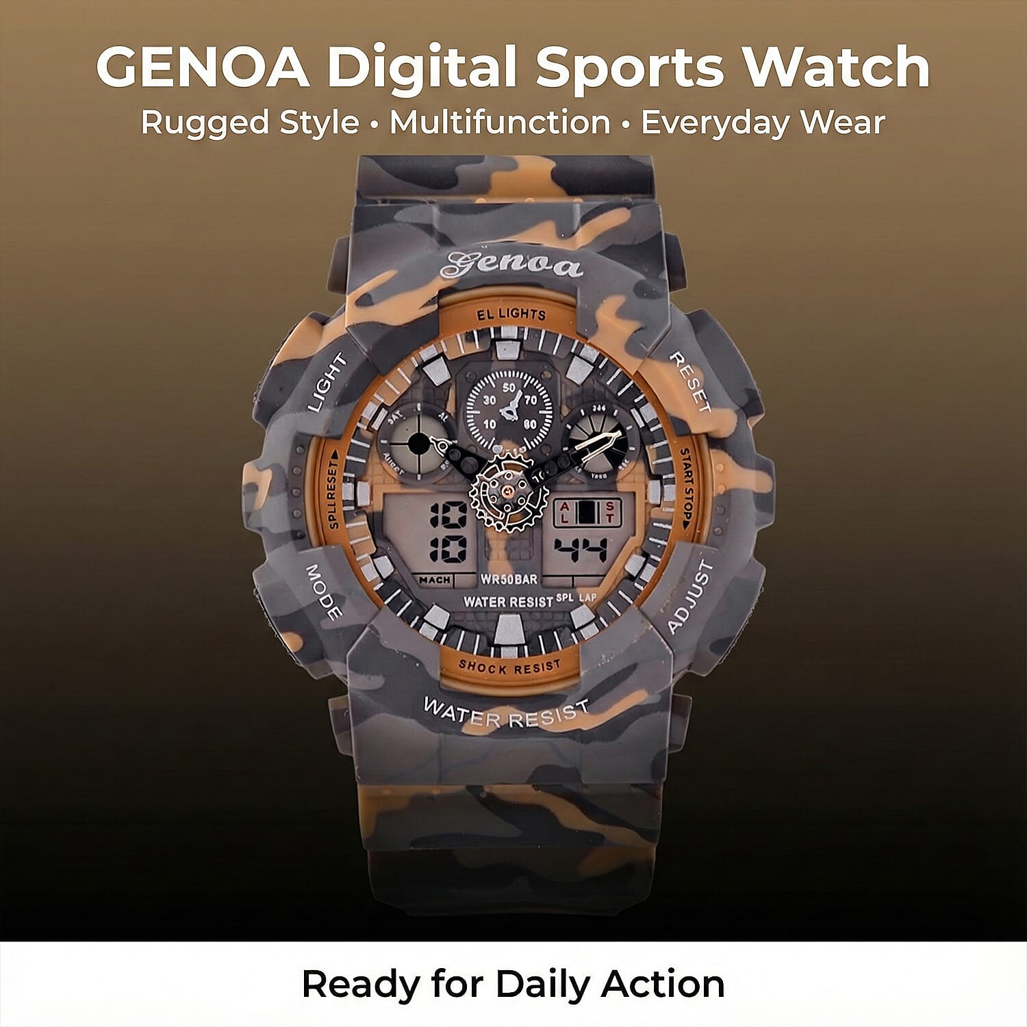 GENOA TIME V2 Double Electronic Movement 3ATM Water Resistant Camouflage Khaki Multifunctional LED Dial Watch with TPU Strap