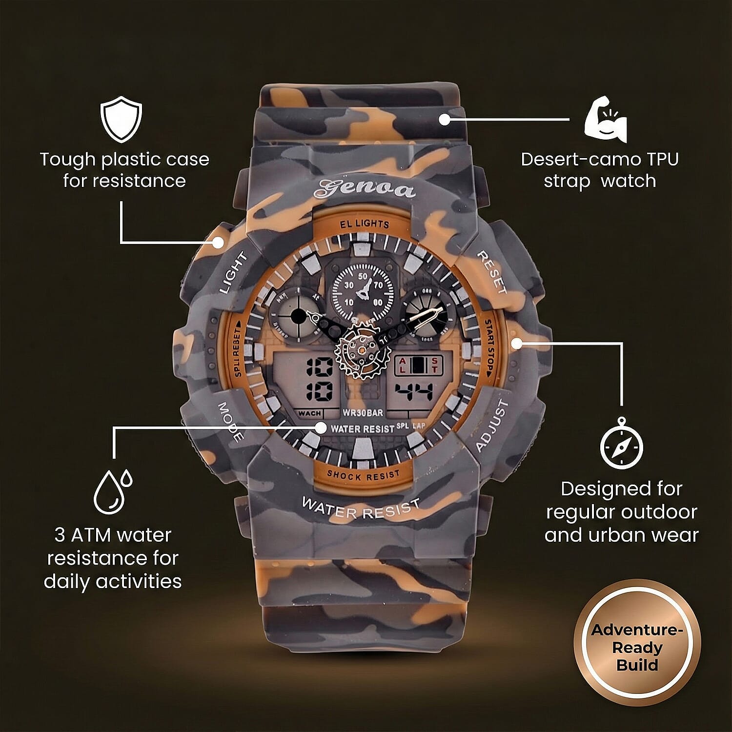 GENOA TIME V2 Double Electronic Movement 3ATM Water Resistant Camouflage Khaki Multifunctional LED Dial Watch with TPU Strap