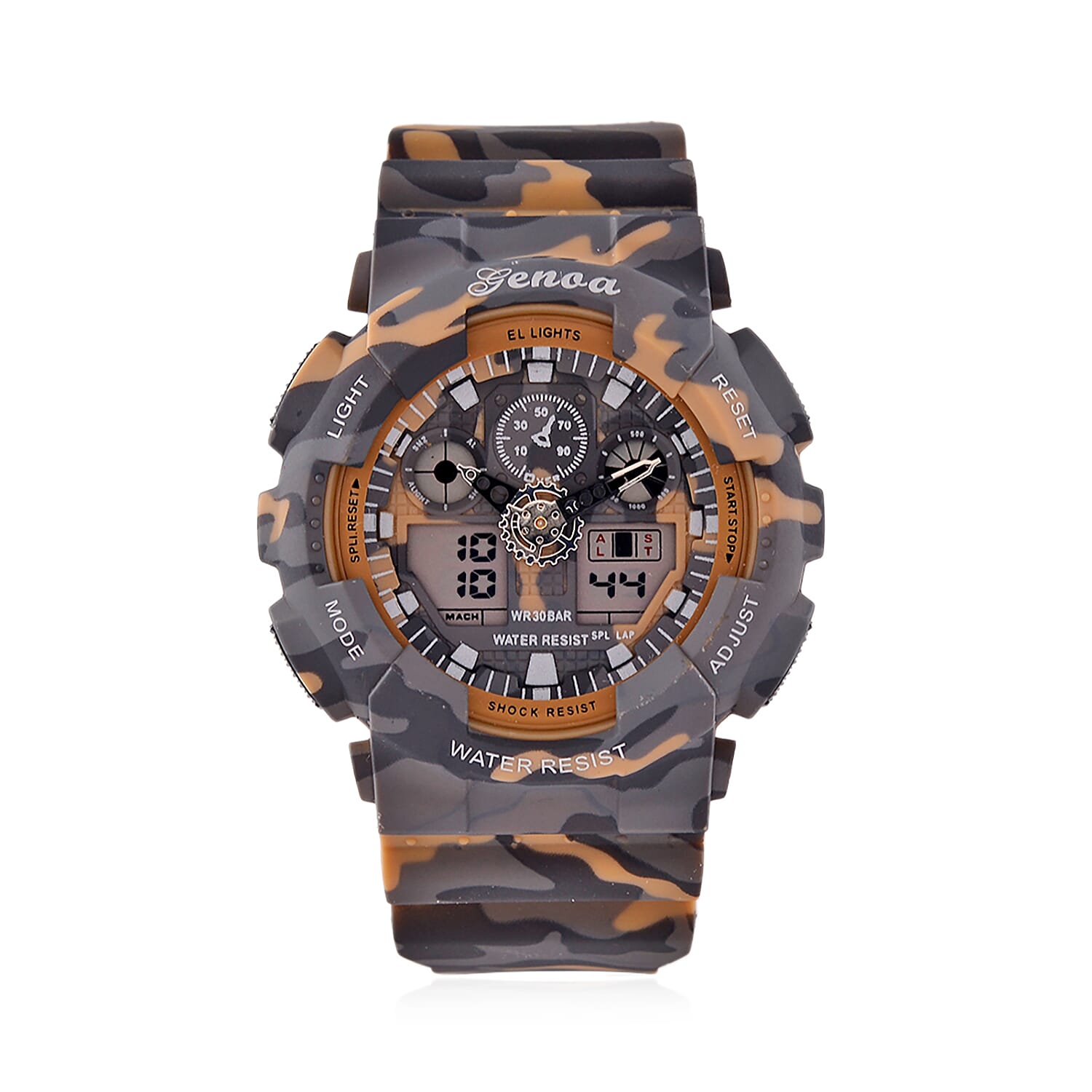 GENOA TIME V2 Double Electronic Movement 3ATM Water Resistant Camouflage Khaki Multifunctional LED Dial Watch with TPU Strap