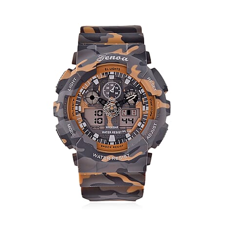GENOA TIME V2 Double Electronic Movement 3ATM Water Resistant Camouflage Khaki Multifunctional LED Dial Watch with TPU Strap